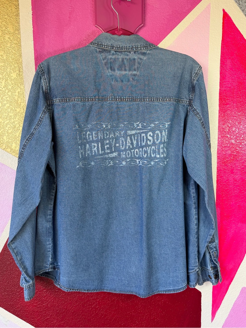 Vintage Harley Davidson Denim Snap Shirt Jacket Sz L Legendary Back Graphic